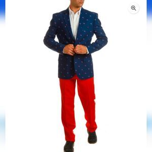 NWT Men's Suit Shinesty Democrat Blue Blazer with Red Pants 52 Jacket, 44 Pant